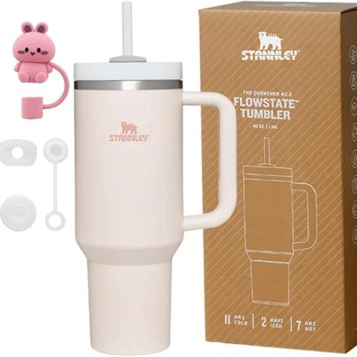 Quencher H2.0 FlowState Vacuum Insulated Tumbler with Straw, Lid, Spill Stopper, Cleaning Brush & Random Topper for Water, Iced Tea, Coffee & Smoothies – | 1.2Litre 40 oz RoseQuartz |