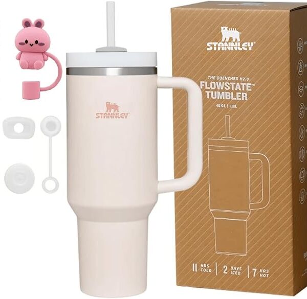 Quencher H2.0 FlowState Vacuum Insulated Tumbler with Straw, Lid, Spill Stopper, Cleaning Brush & Random Topper for Water, Iced Tea, Coffee & Smoothies – | 1.2Litre 40 oz RoseQuartz |