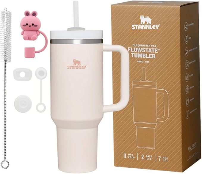 Quencher H2.0 FlowState Vacuum Insulated Tumbler with Straw, Lid, Spill Stopper, Cleaning Brush & Random Topper for Water, Iced Tea, Coffee & Smoothies – | 1.2Litre 40 oz RoseQuartz |