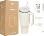 Quencher H2.0 FlowState Vacuum Insulated Tumbler with Straw, Lid, Spill Stopper, Cleaning Brush & Random Topper for Water, Iced Tea, Coffee & Smoothies – | 1.2Litre 40 oz Cream |