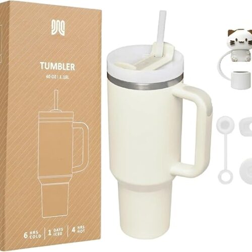 Quencher H2.0 FlowState Vacuum Insulated Tumbler with Straw, Lid, Spill Stopper, Cleaning Brush & Random Topper for Water, Iced Tea, Coffee & Smoothies – | 1.2Litre 40 oz Cream |