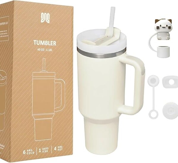 Quencher H2.0 FlowState Vacuum Insulated Tumbler with Straw, Lid, Spill Stopper, Cleaning Brush & Random Topper for Water, Iced Tea, Coffee & Smoothies – | 1.2Litre 40 oz Cream |