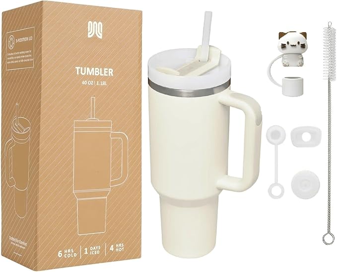 Quencher H2.0 FlowState Vacuum Insulated Tumbler with Straw, Lid, Spill Stopper, Cleaning Brush & Random Topper for Water, Iced Tea, Coffee & Smoothies – | 1.2Litre 40 oz Cream |