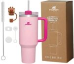 Quencher H2.0 FlowState Vacuum Insulated Tumbler with Straw, Lid, Spill Stopper, Cleaning Brush & Random Topper for Water, Iced Tea, Coffee & Smoothies – | 1.2Litre 40 oz Pink |