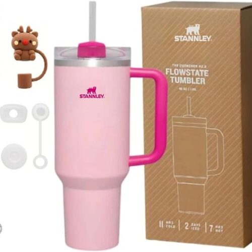 Quencher H2.0 FlowState Vacuum Insulated Tumbler with Straw, Lid, Spill Stopper, Cleaning Brush & Random Topper for Water, Iced Tea, Coffee & Smoothies – | 1.2Litre 40 oz Pink |