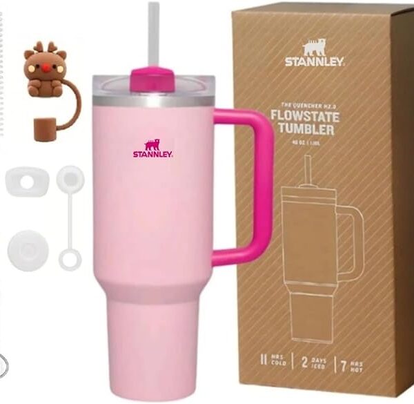 Quencher H2.0 FlowState Vacuum Insulated Tumbler with Straw, Lid, Spill Stopper, Cleaning Brush & Random Topper for Water, Iced Tea, Coffee & Smoothies – | 1.2Litre 40 oz Pink |