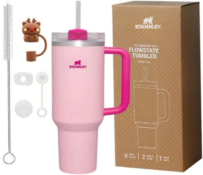Quencher H2.0 FlowState Vacuum Insulated Tumbler with Straw, Lid, Spill Stopper, Cleaning Brush & Random Topper for Water, Iced Tea, Coffee & Smoothies – | 1.2Litre 40 oz Pink |