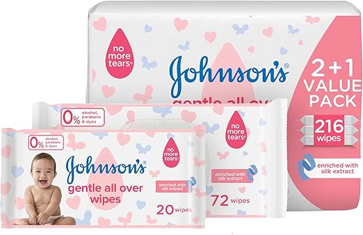 Johnson's Baby Wipes - Gentle All Over, Leaves skin soft and feeling healthy, Leaves no unwanted residue behind, alcohol-free, 216 wipes