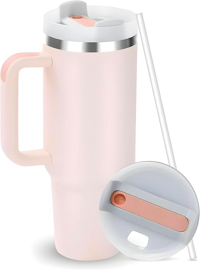 Quencher H2.0 FlowState Vacuum Insulated Tumbler with Straw, Lid, Spill Stopper, Cleaning Brush & Random Topper for Water, Iced Tea, Coffee & Smoothies – | 1.2Litre 40 oz RoseQuartz |