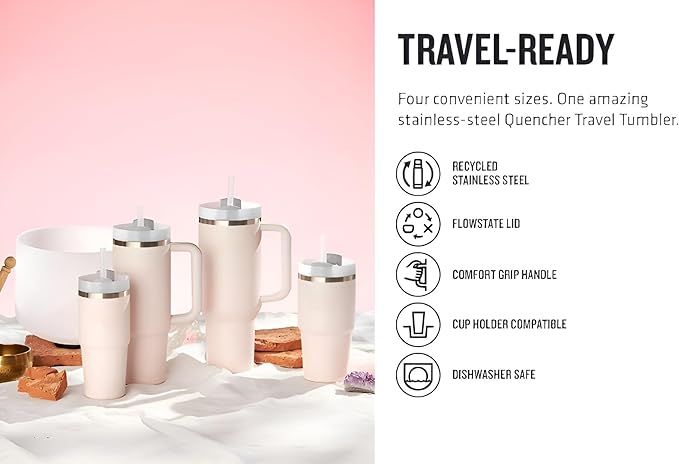 Quencher H2.0 FlowState Vacuum Insulated Tumbler with Straw, Lid, Spill Stopper, Cleaning Brush & Random Topper for Water, Iced Tea, Coffee & Smoothies – | 1.2Litre 40 oz RoseQuartz |
