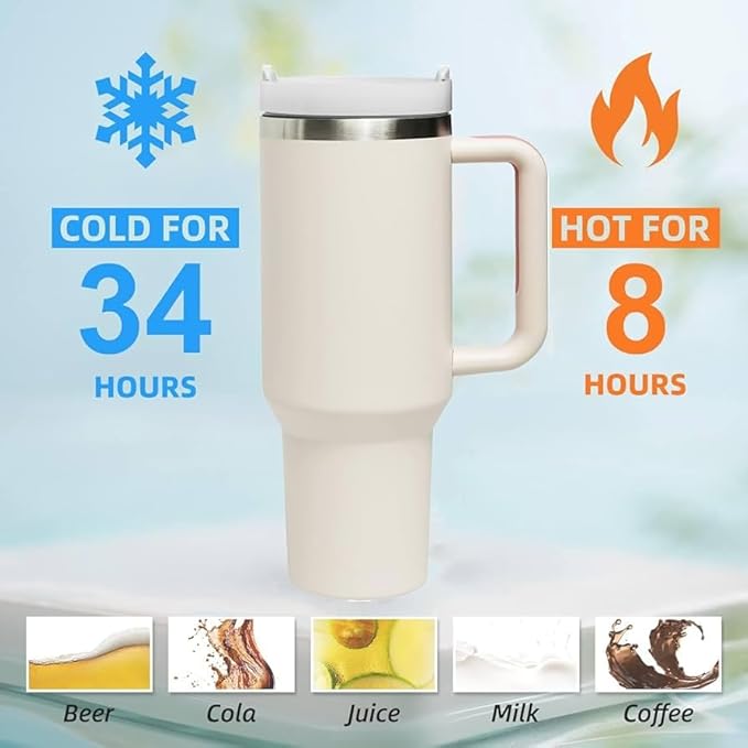 Quencher H2.0 FlowState Vacuum Insulated Tumbler with Straw, Lid, Spill Stopper, Cleaning Brush & Random Topper for Water, Iced Tea, Coffee & Smoothies – | 1.2Litre 40 oz Cream |