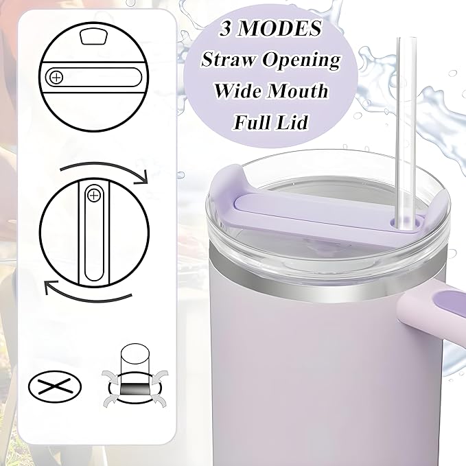 Quencher H2.0 FlowState Vacuum Insulated Tumbler with Straw, Lid, Spill Stopper, Cleaning Brush & Random Topper for Water, Iced Tea, Coffee & Smoothies – | 1.2L 40 oz Orchid |