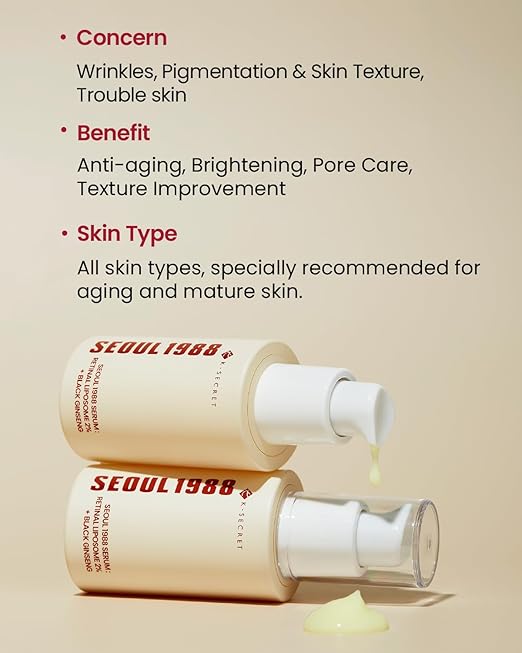 KSECRET SEOUL 1988 Serum : Retinal Liposome 2% + Black Ginseng, 30ml/1.01fl.oz | 58% Black Ginseng Extract with Retinal, Bakuchiol, Vitamin C & 3 Peptides for Wrinkle Care | Korean Skincare |