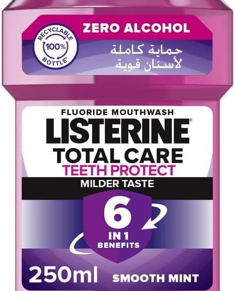 Listerine, Total Care, Teeth Protect, 6 Benefit Fluoride Daily Mouthwash, Milder Taste, Smooth Mint, helps prevent cavities, restores enamel, keeps gums healthy, 250ml