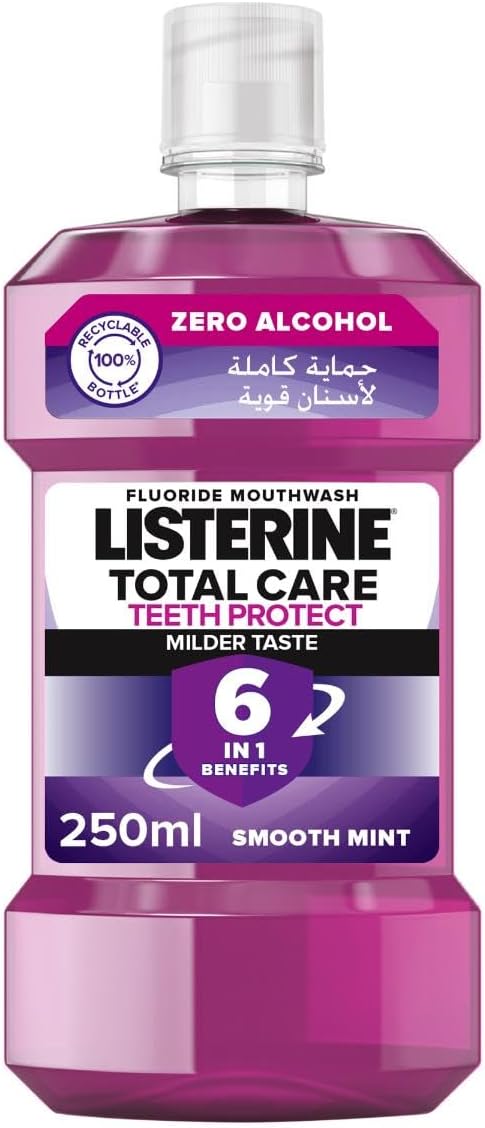 Listerine, Total Care, Teeth Protect, 6 Benefit Fluoride Daily Mouthwash, Milder Taste, Smooth Mint, helps prevent cavities, restores enamel, keeps gums healthy, 250ml