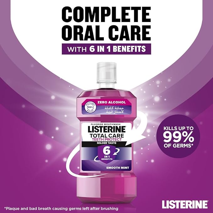 Listerine, Total Care, Teeth Protect, 6 Benefit Fluoride Daily Mouthwash, Milder Taste, Smooth Mint, helps prevent cavities, restores enamel, keeps gums healthy, 250ml