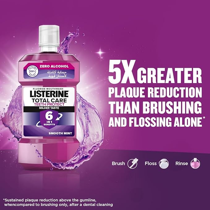 Listerine, Total Care, Teeth Protect, 6 Benefit Fluoride Daily Mouthwash, Milder Taste, Smooth Mint, helps prevent cavities, restores enamel, keeps gums healthy, 250ml