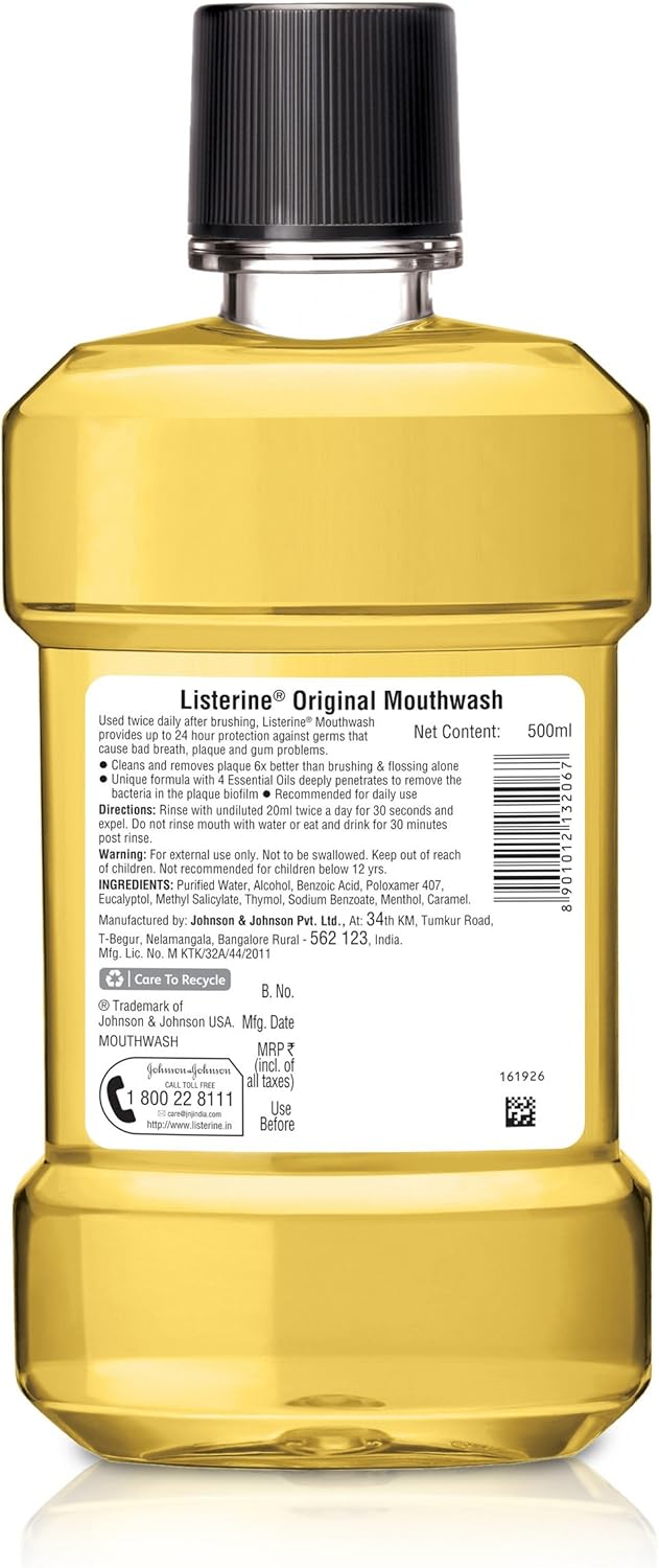 Listerine Original Mouthwash Liquid, Removes 99.9% Germs, 500ml (Pack of 1)