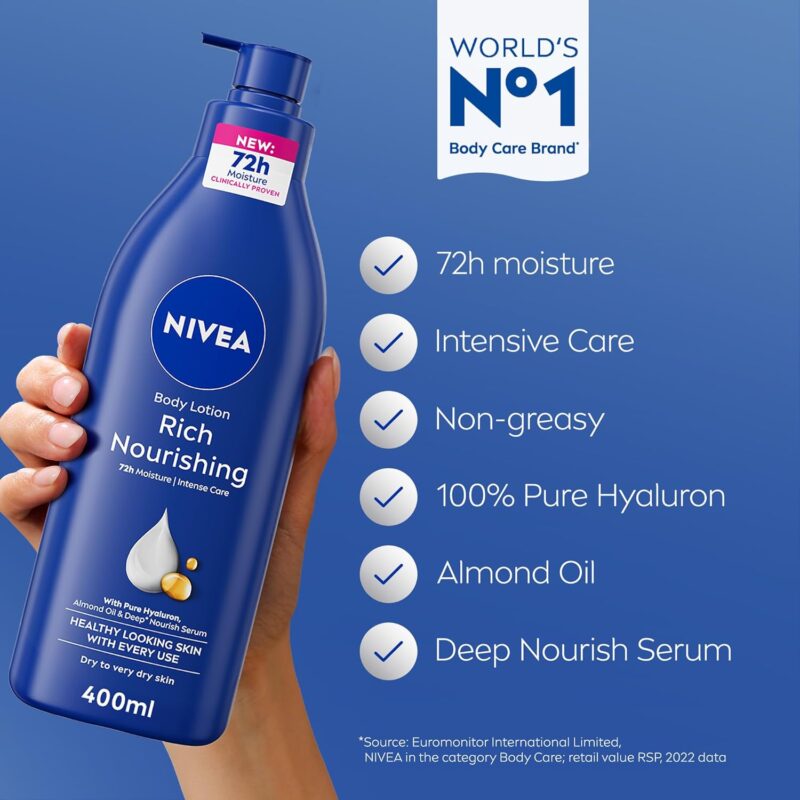 NIVEA Body Lotion for Dry to Very Dry Skin, Rich Nourishing, 5in1 Complete Care, 72H Intense Moisture, 2x400ml, Pack of 2