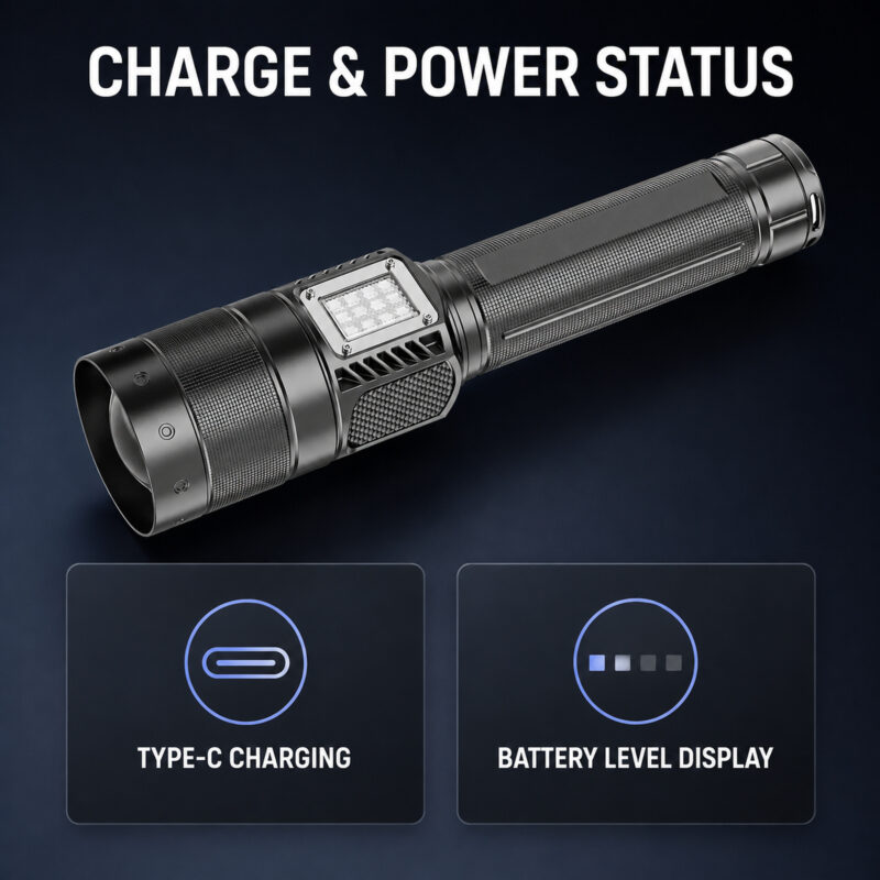 Rechargeable White Laser Zoomable Battery Display LED Flashlight W5254A Black 2000LM For Camping Outdoor Emergency