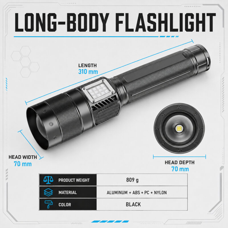 Rechargeable White Laser Zoomable Battery Display LED Flashlight W5254A Black 2000LM For Camping Outdoor Emergency