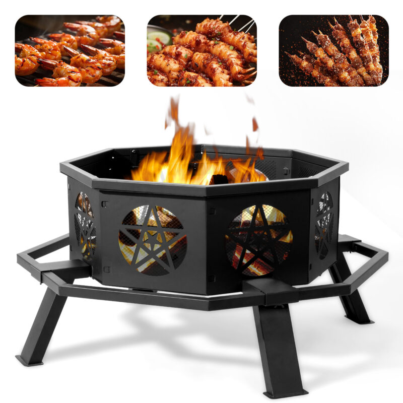 35in Octagonal Sheet With Foot Pedal Pentagram Wood Brazier Wrought Iron Black