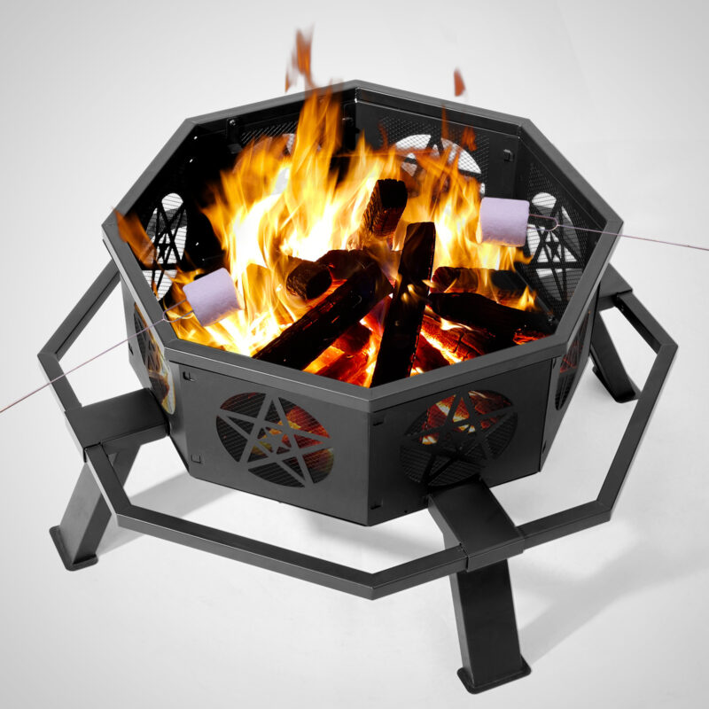 35in Octagonal Sheet With Foot Pedal Pentagram Wood Brazier Wrought Iron Black