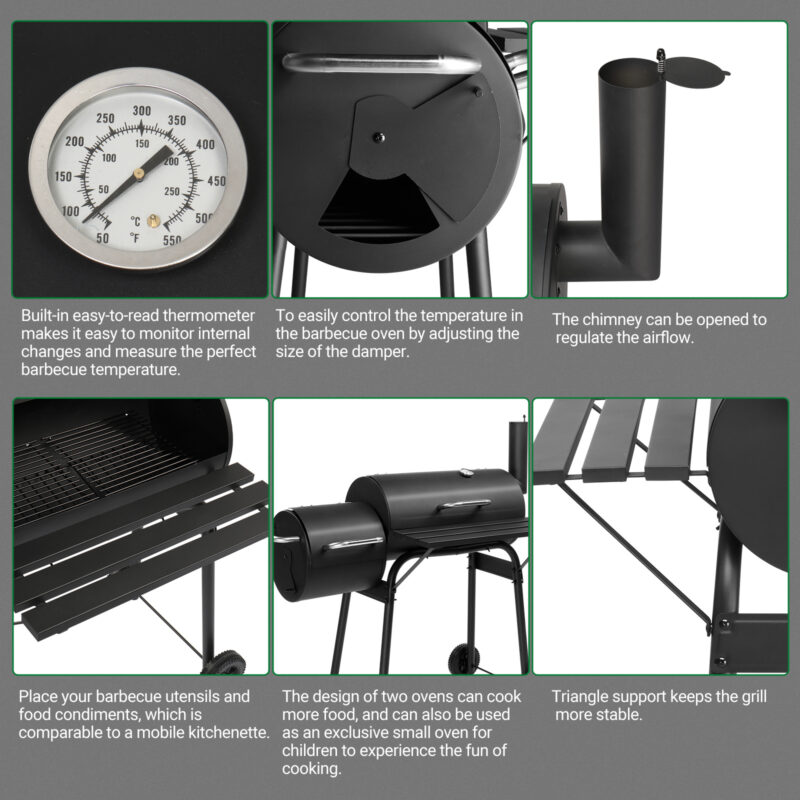 111x54x93cm Black, Double Cylinder, Wheeled, Smoked, Charcoal Grill