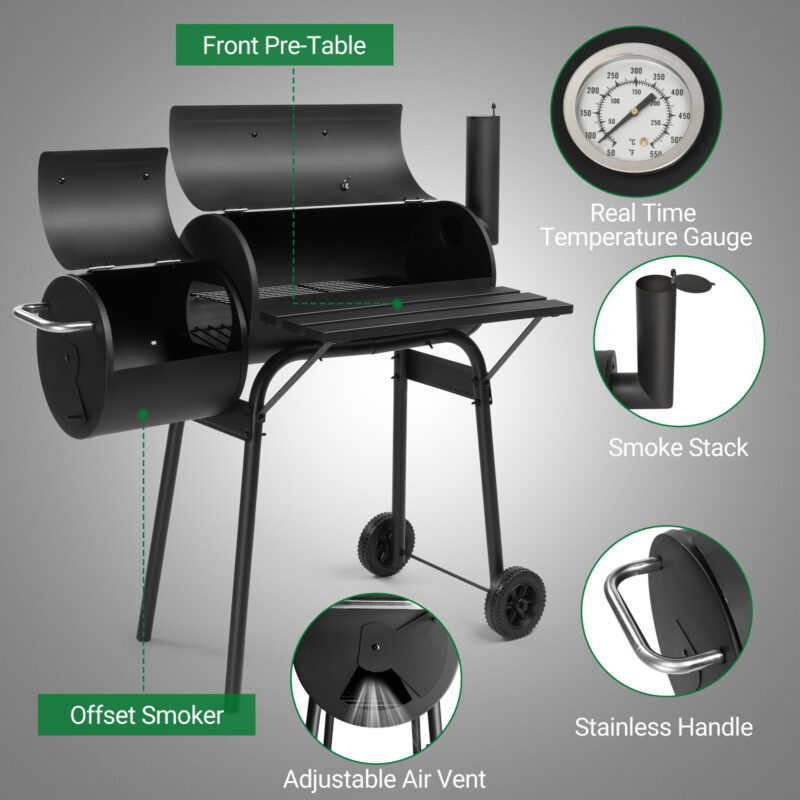 111x54x93cm Black, Double Cylinder, Wheeled, Smoked, Charcoal Grill