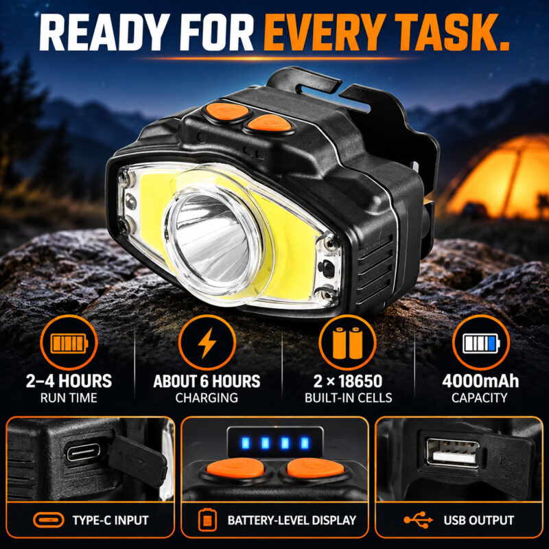 Rechargeable Motion Sensor Magnetic Battery Display LED Headlamp W663 3 Black For Camping Hiking Work