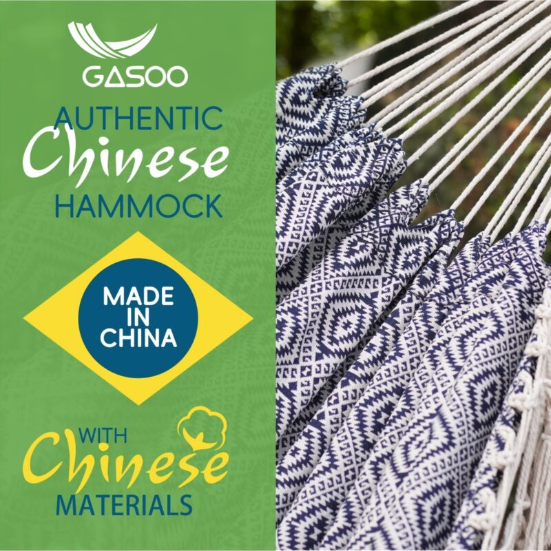 2-Person Bohemian Delicate Tassel Outdoor Indoor Hammock Garden Chair Rustic Casual Style Blend White & Blue Windproof Thickened Anti Rollover Exotic Swing Folding Bed For Camping, Hiking, Travel