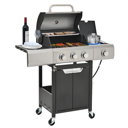 Propane Grill 3 Burner Barbecue Grill Stainless Steel Gas Grill With Side Burner And Cover For Outdoor BBQ, Camping
