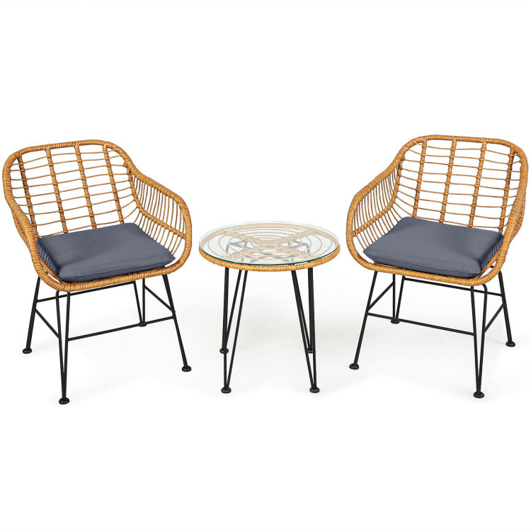 3 Pieces Rattan Furniture Set With Cushioned Chair Table