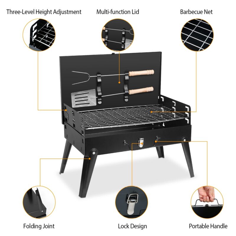 1Pc 17.32x10.63x8.27in Portable Charcoal Grill For Spring Summer Outdoor Activities Foldable BBQ Suitcase Grill Shelf For Outdoor Camping Picnics Garden Grilling Fedex Shipping
