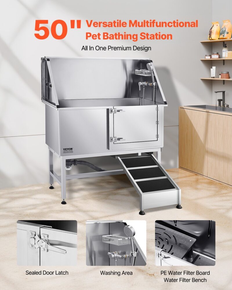 50 Inch Dog Grooming Bath Tub Stainless Steel W Ramp Water Filter