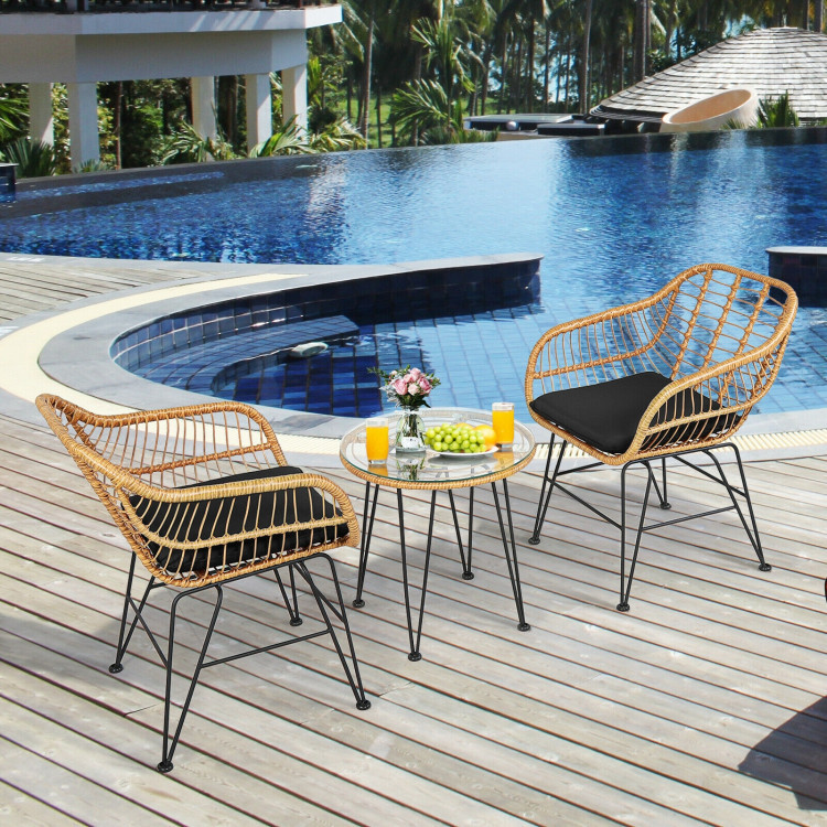 3 Pieces Rattan Furniture Set With Cushioned Chair Table