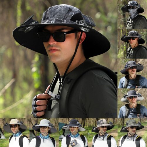 Outdoor Wide Brim Sun Hat With Solar Fan Wide Brim Solar Fan Outdoor Fishing Hat Solar USB Charging Solar Powered Hat Adjustable