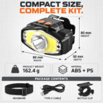 Rechargeable Motion Sensor Magnetic Battery Display LED Headlamp W663 3 Black For Camping Hiking Work