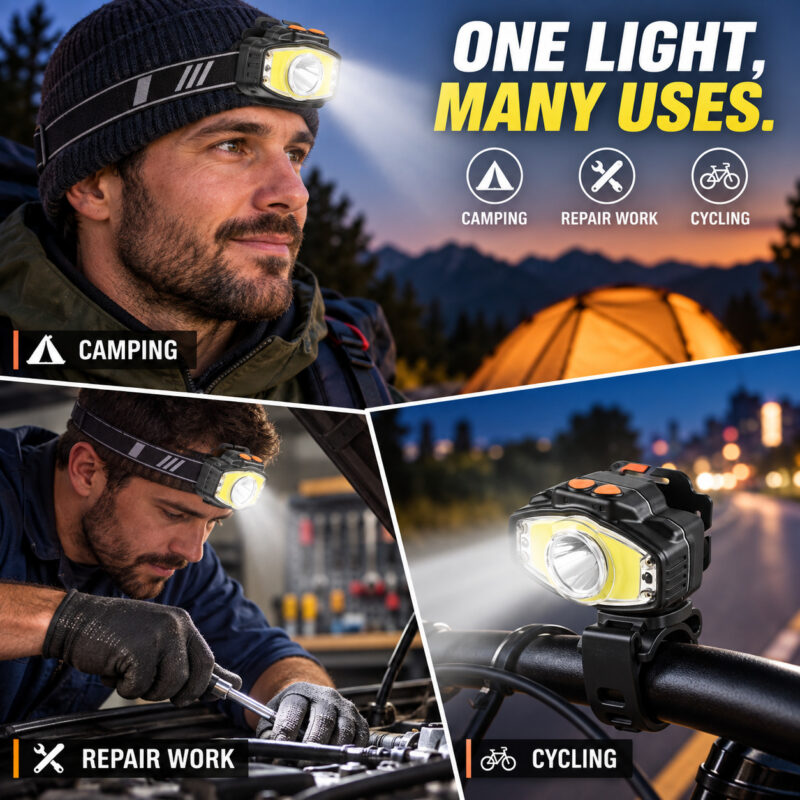 Rechargeable Motion Sensor Magnetic Battery Display LED Headlamp W663 3 Black For Camping Hiking Work