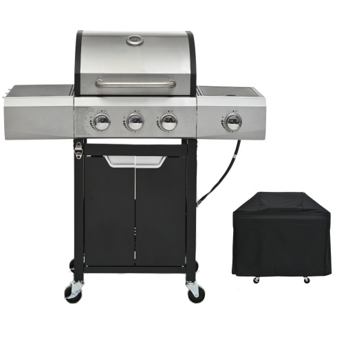 Propane Grill 3 Burner Barbecue Grill Stainless Steel Gas Grill With Side Burner And Cover For Outdoor BBQ, Camping
