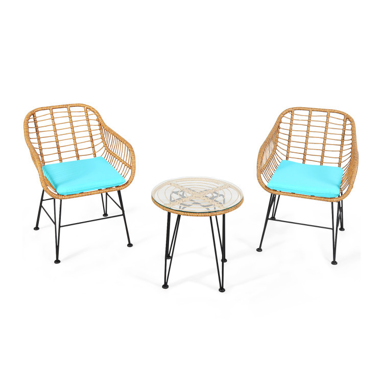 3 Pieces Rattan Furniture Set With Cushioned Chair Table