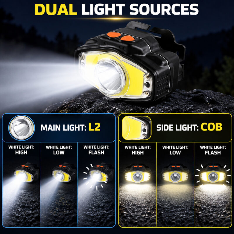 Rechargeable Motion Sensor Magnetic Battery Display LED Headlamp W663 3 Black For Camping Hiking Work