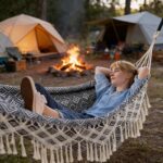 2-Person Bohemian Delicate Tassel Outdoor Indoor Hammock Garden Chair Rustic Casual Style Blend White & Blue Windproof Thickened Anti Rollover Exotic Swing Folding Bed For Camping, Hiking, Travel