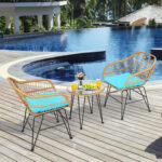 3 Pieces Rattan Furniture Set With Cushioned Chair Table