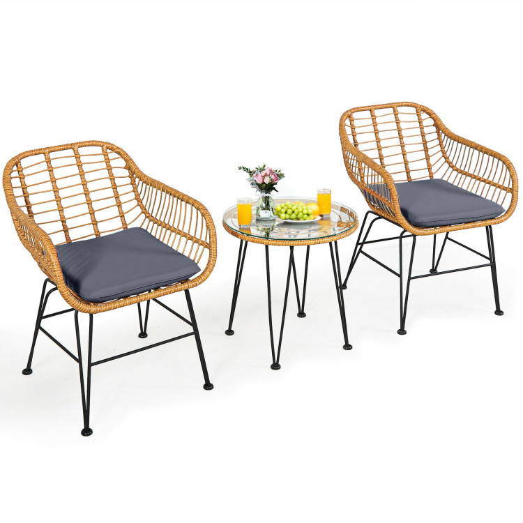 3 Pieces Rattan Furniture Set With Cushioned Chair Table