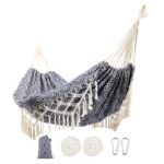 2-Person Bohemian Delicate Tassel Outdoor Indoor Hammock Garden Chair Rustic Casual Style Blend White & Blue Windproof Thickened Anti Rollover Exotic Swing Folding Bed For Camping, Hiking, Travel
