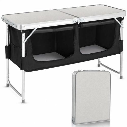 4FT Portable Folding Camping Table with Storage, Aluminum Outdoor Cooking Station with 2 Adjustable Legs, Black