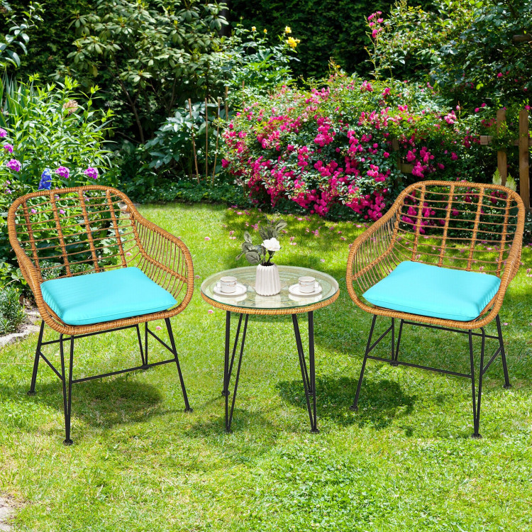 3 Pieces Rattan Furniture Set With Cushioned Chair Table
