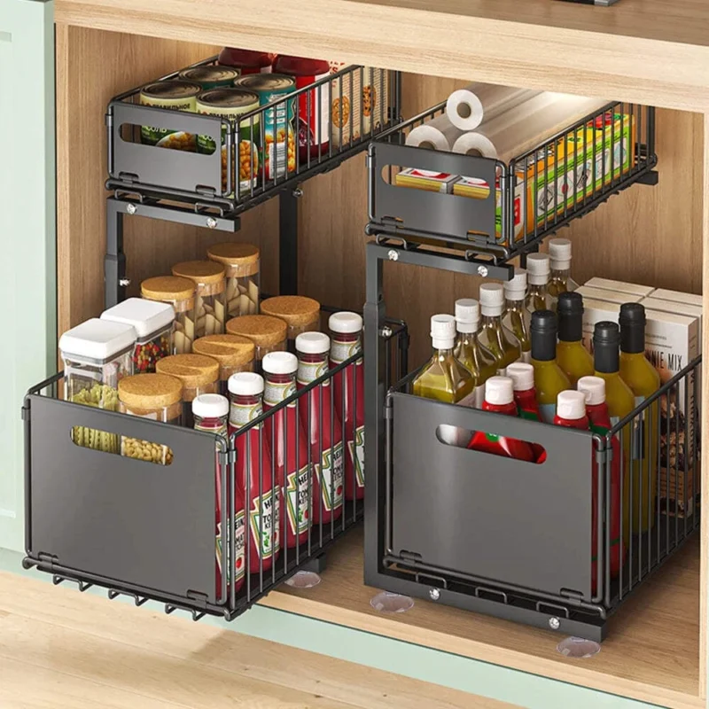 1/2PCS Pull Out Cabinet Organizer Adjustable Kitchen Storage Rack Under Sink Org